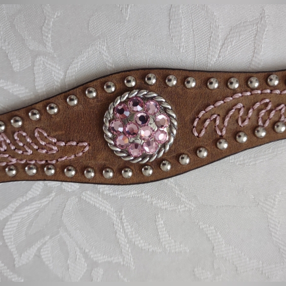 Leather Belt Pink Crystals Rhinestones Embroidered Silver Tone Buckle